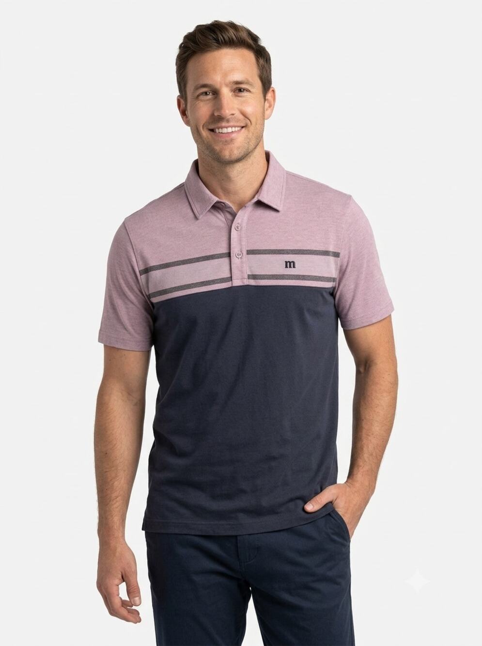 Travis Mathew Golf Polo Shirt Mens L Purple Black Colorblock Short Sleeve Logo